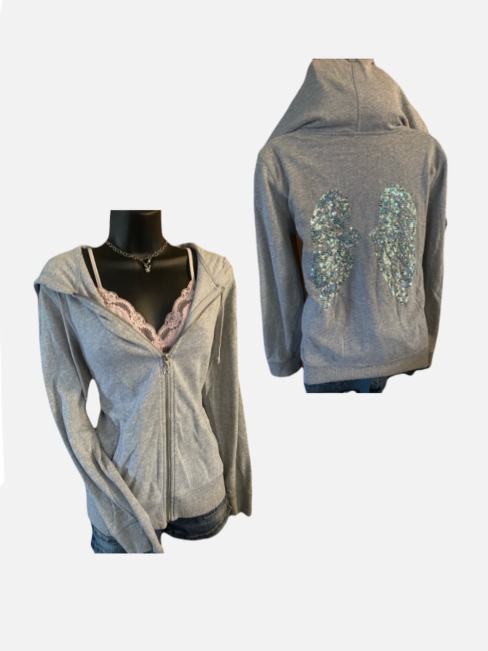 Victoria’s Secret Grey Angel Wings Zip Up Hoodie with Iridescent Sequins